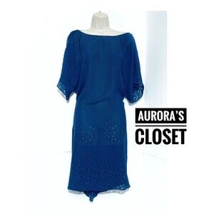 Elizabeth & James M Blue Silk Shift Dress Knee Eyelet Back Cowl Bustle $325